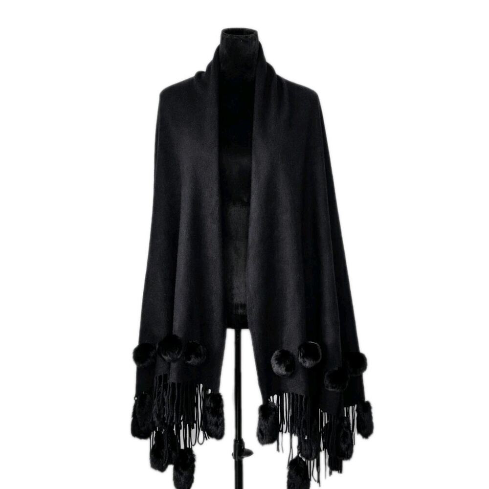 La Fiorentina 100% Wool Wrap Shawl Black Rabbit Fur Trim Fringe Pom Pom Luxury